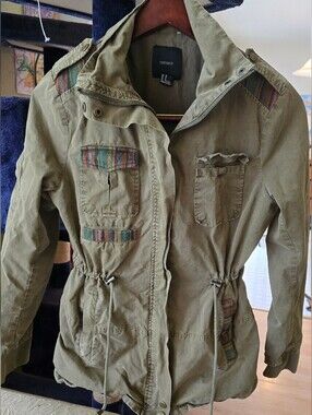 Forever 21 Olive Utility Jacket with Multicolor Hippie Bohemiam Trim